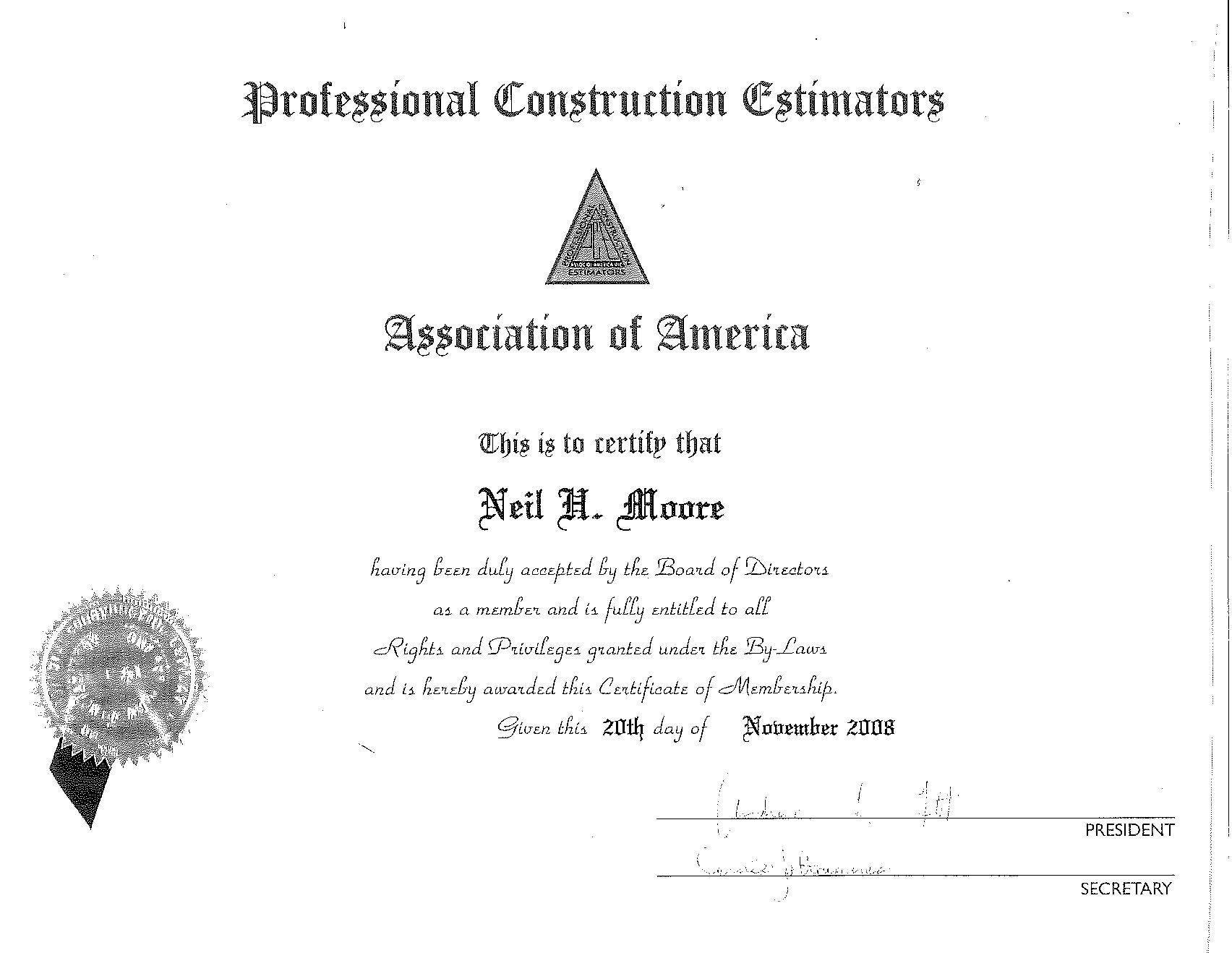 Professional Construction Estimators Association of America member