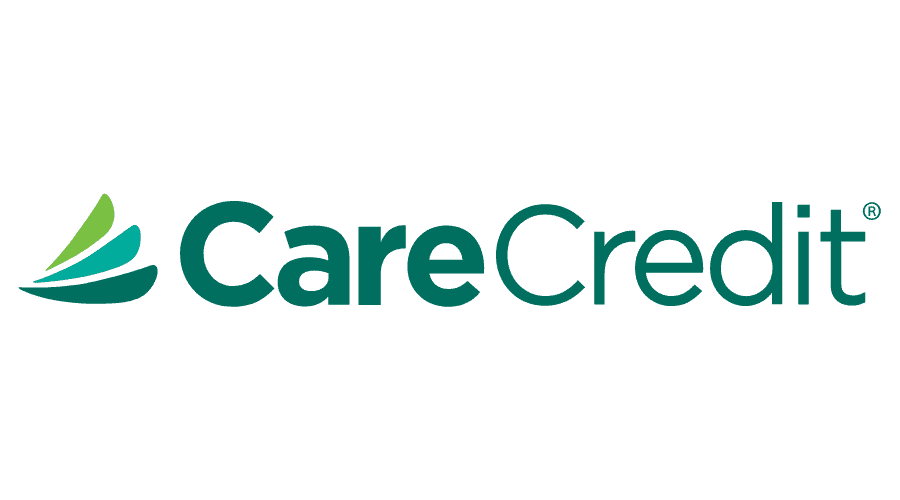 The logo for carecredit is green and white with a green leaf.