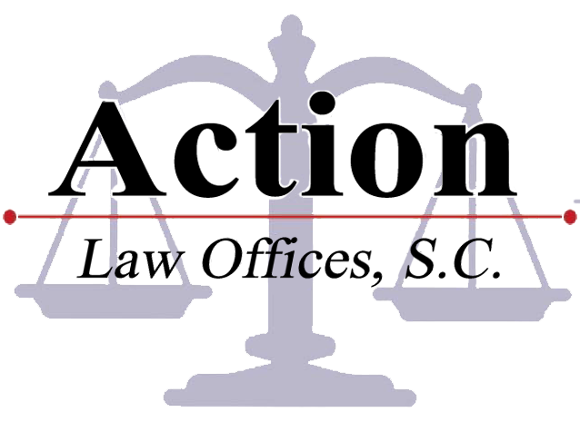 A logo for action law offices s.c. with a scale of justice