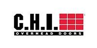 C.H.I. Overhead Doors logo with black text and red grid icon on white background