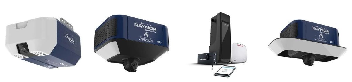 Row of four compact projector devices in white, black, and blue-gray colors on a white background