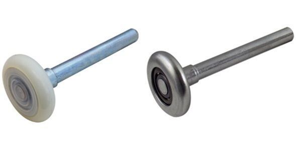 Two metal rollers with white and black wheels and attached shafts on a white background
