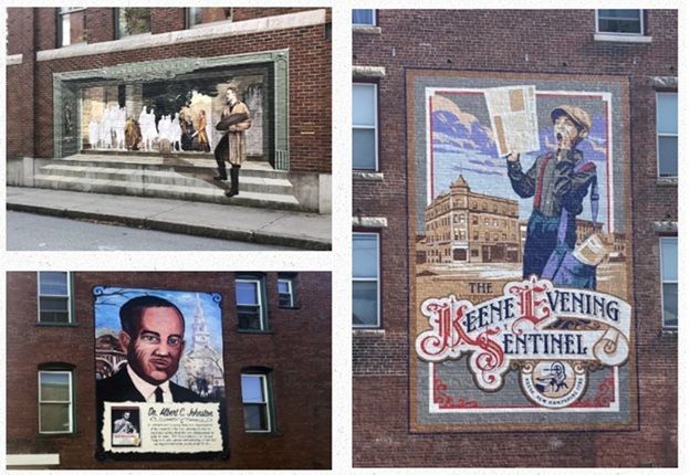 Three brick-wall murals, including a newspaper-style sign and portraits, on a city street