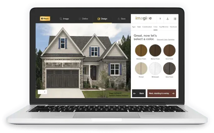 Laptop displaying a home design website with a gray house rendering and siding color options