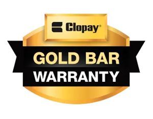 Clopay Gold Bar Warranty badge in gold, black, and white
