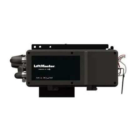 Black LiftMaster motorized gate opener with exposed wiring, shown on a white background
