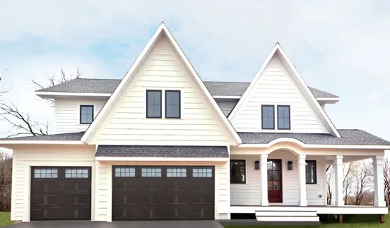 Large white suburban house with three garage doors, gray roof, and covered front porch