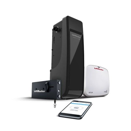 Black wireless gate opener system with remote and smartphone app controller on white background