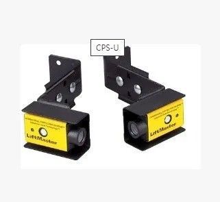 Two black and yellow CPS-U industrial sensors with mounting brackets on a white background
