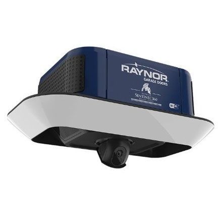 Raynor ceiling-mounted garage door opener, white and dark blue with camera underneath