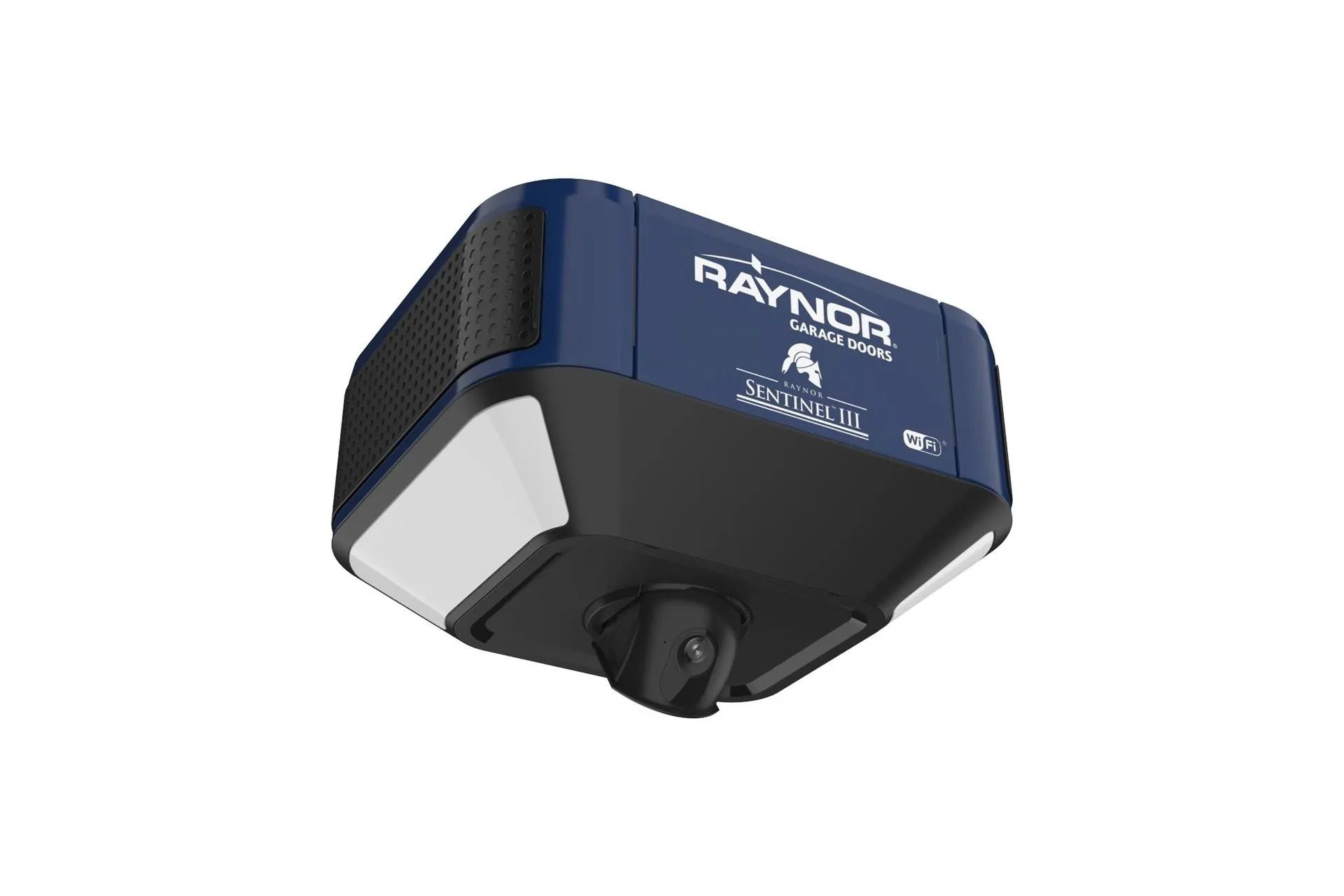 Blue and black ceiling-mounted security camera against a white background