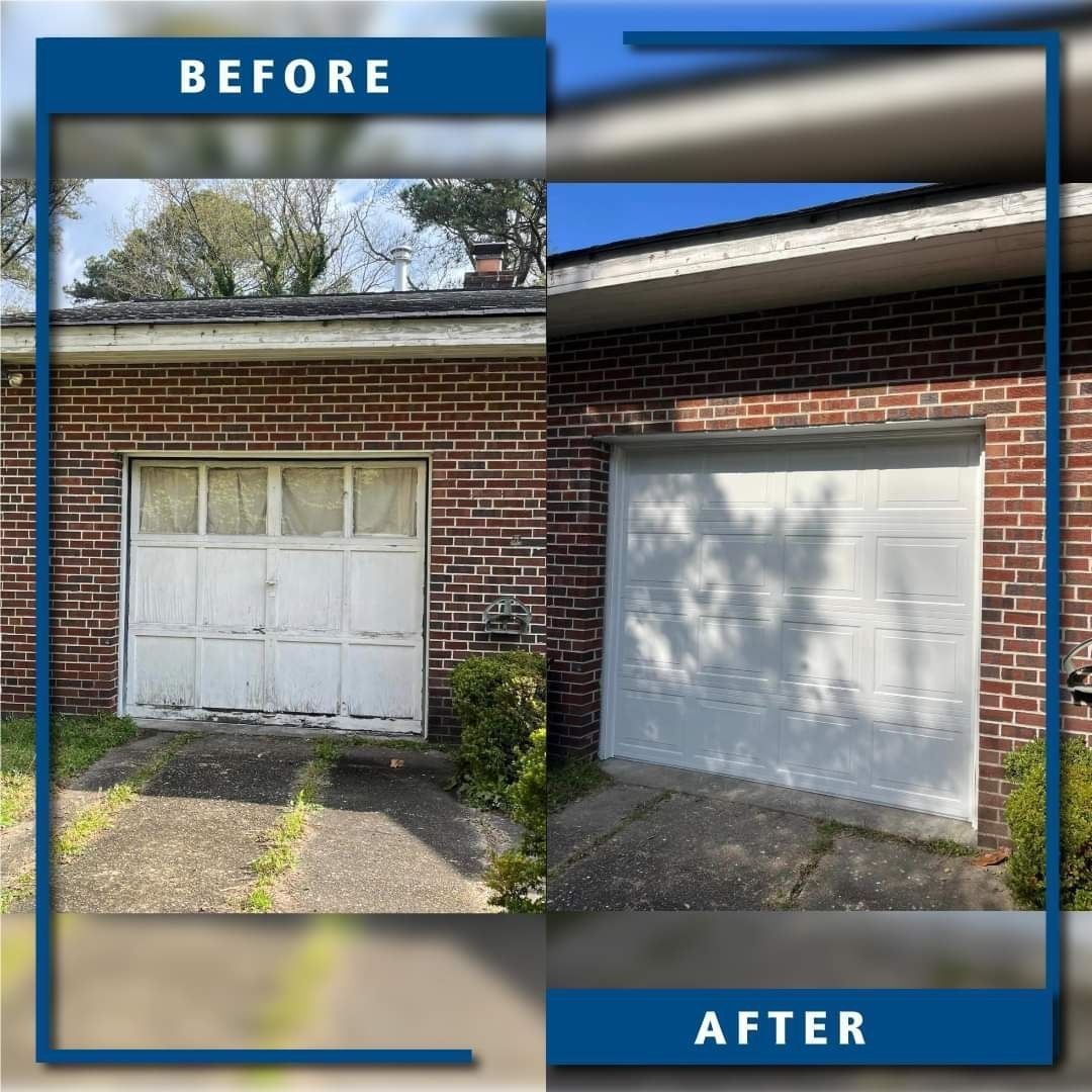 Before-and-after of a brick garage exterior with a white garage door and weathered driveway.