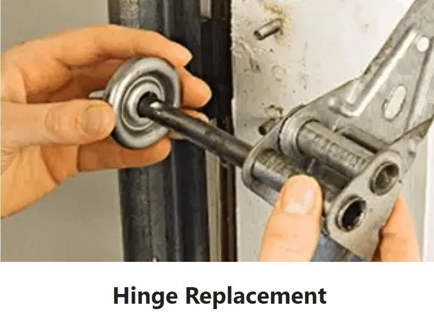 Hands replacing a metal door hinge with a bearing tool, labeled 