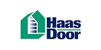 Haas Door logo with green house and blue door icon beside blue text