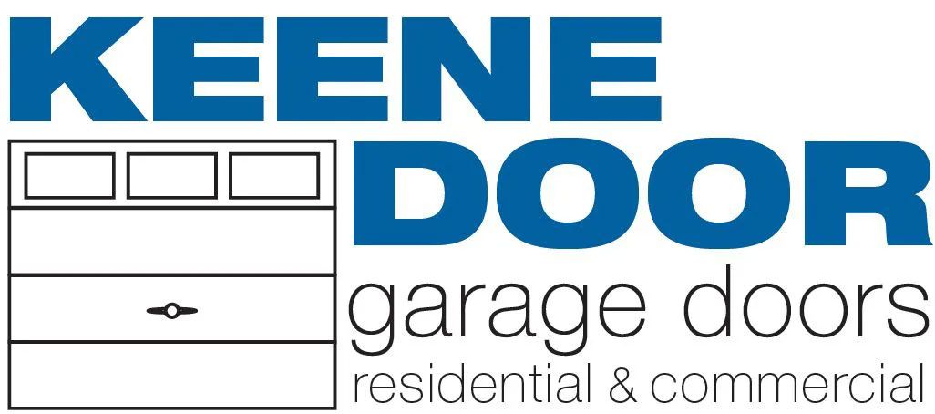 Keene Door garage doors logo with blue text and a stylized garage door icon