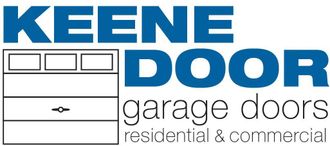 Keene Door garage doors logo with blue text and a stylized garage door icon