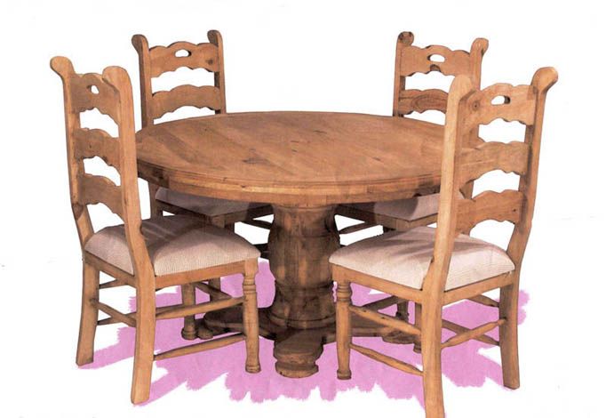 A wooden table with four chairs around it