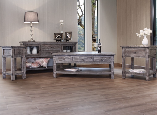 A living room with a coffee table and two end tables