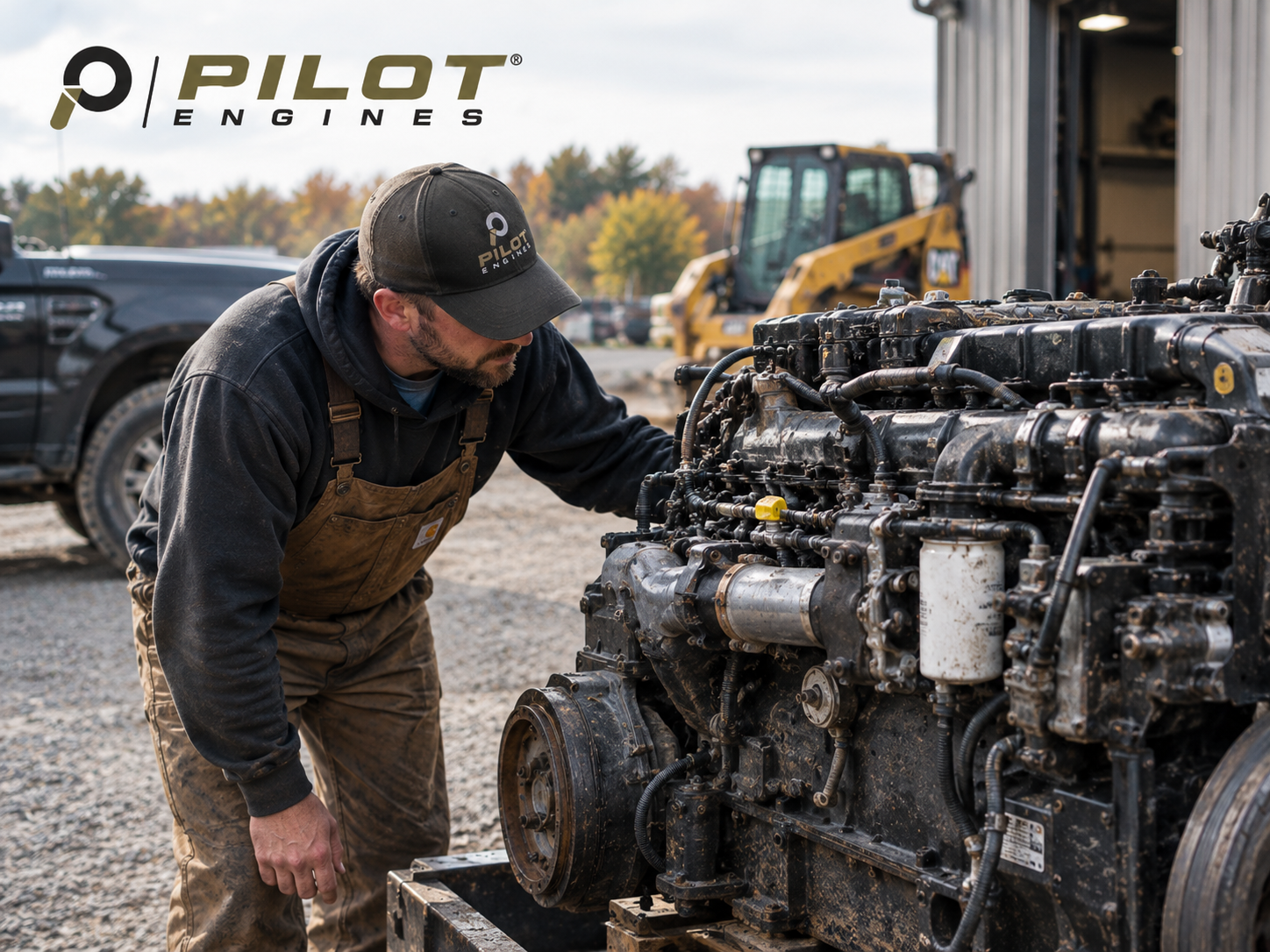 Mechanic inspecting a used diesel engine before purchase to assess its condition.