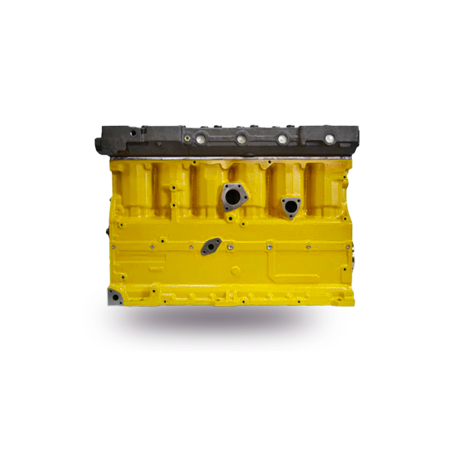 Metal engine cylinder head with multiple valve openings and bolt holes on a light background