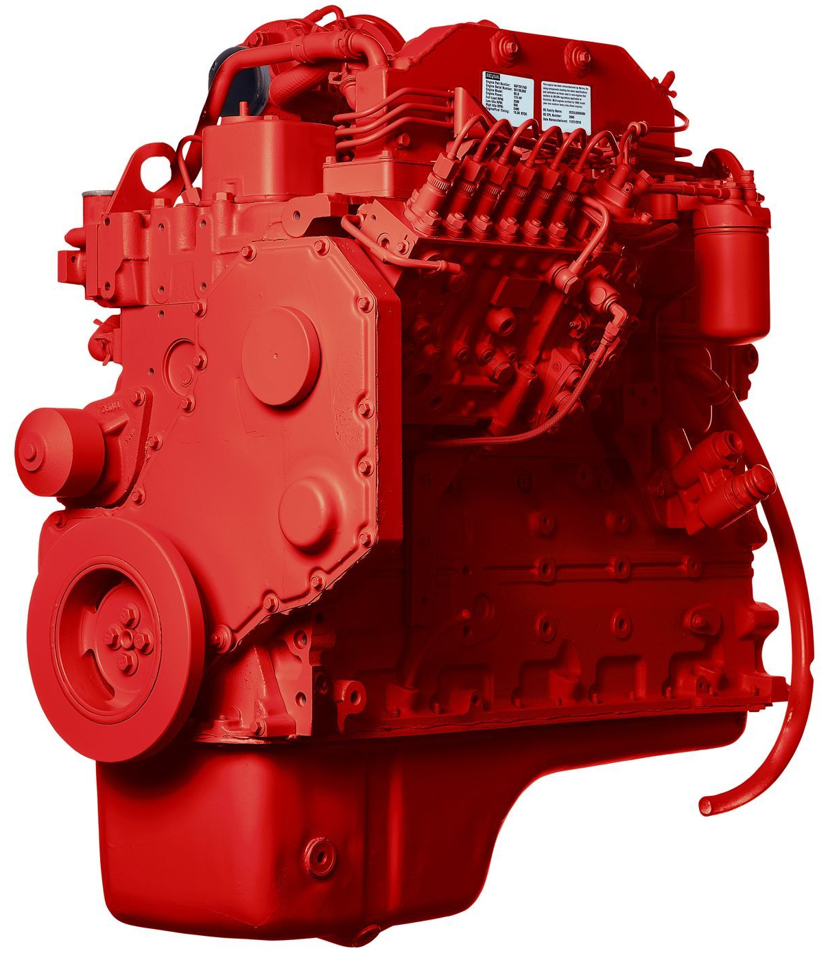 Red industrial engine or motor, isolated on a white background. / Metal engine cylinder head with visible valves, shown on a white background
