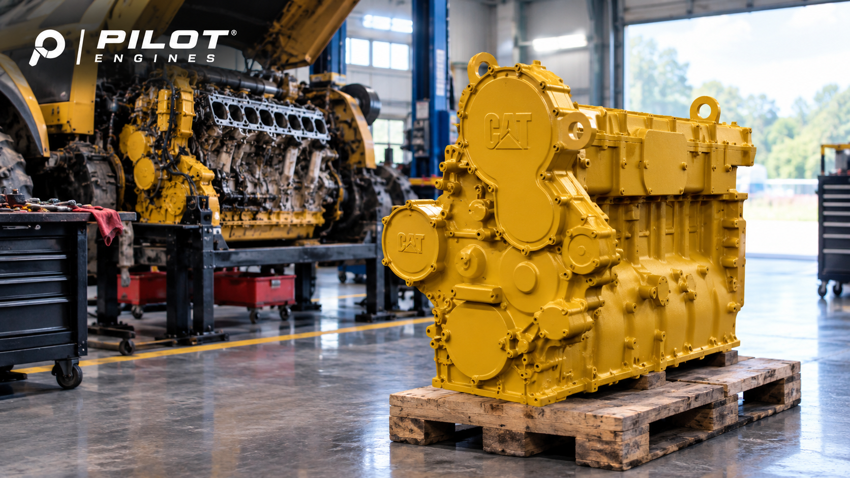 Yellow diesel engine in a repair shop comparing inframe rebuild and remanufactured engine options