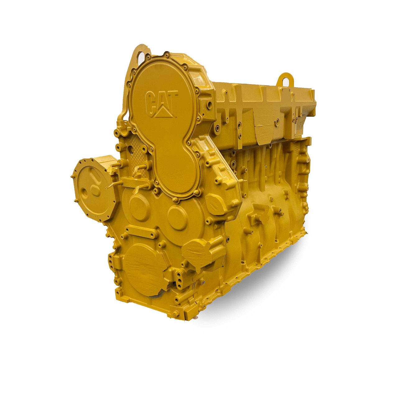Metal engine cylinder head with multiple valve openings and bolt holes on a light background