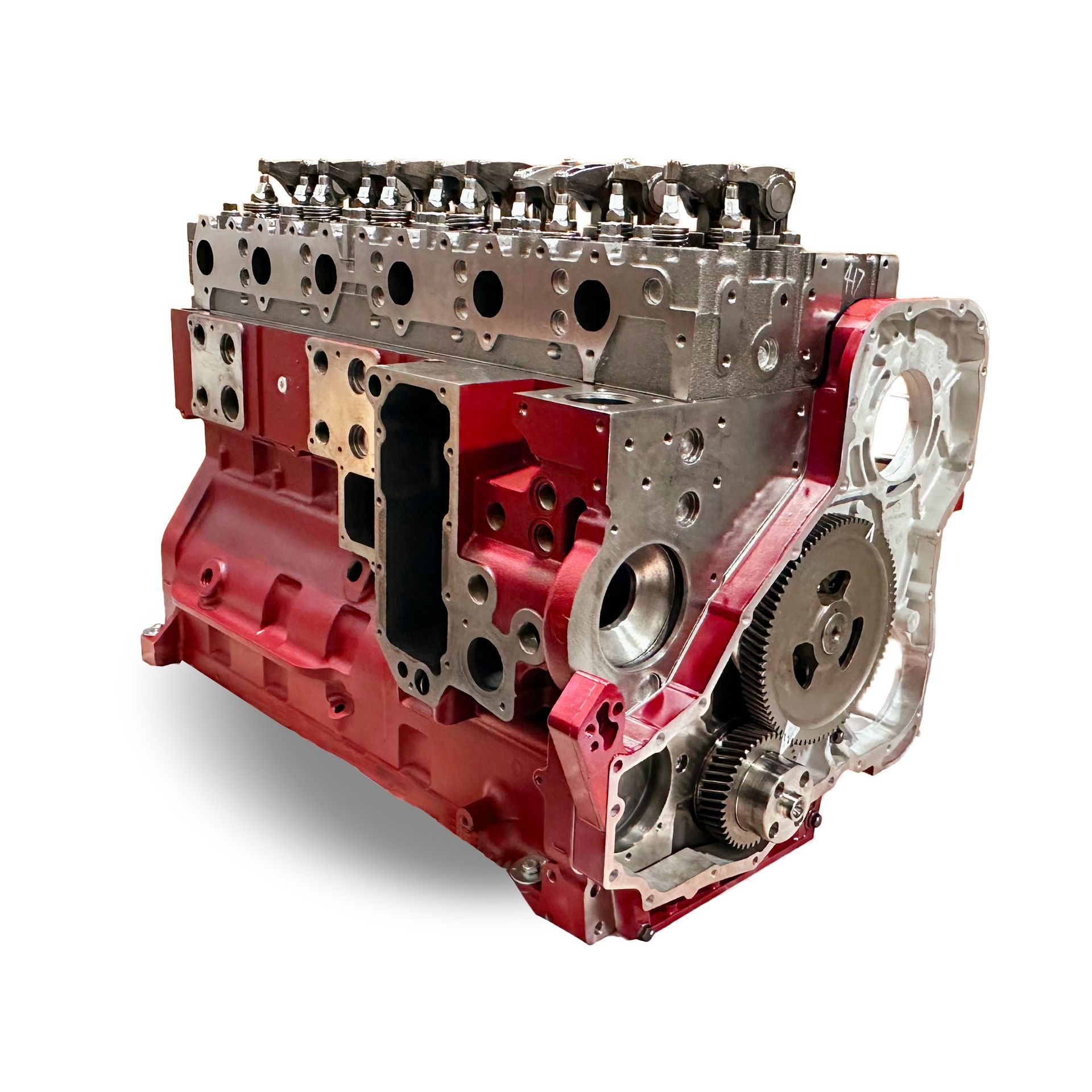 Metal engine cylinder head with multiple valve openings and bolt holes on a light background