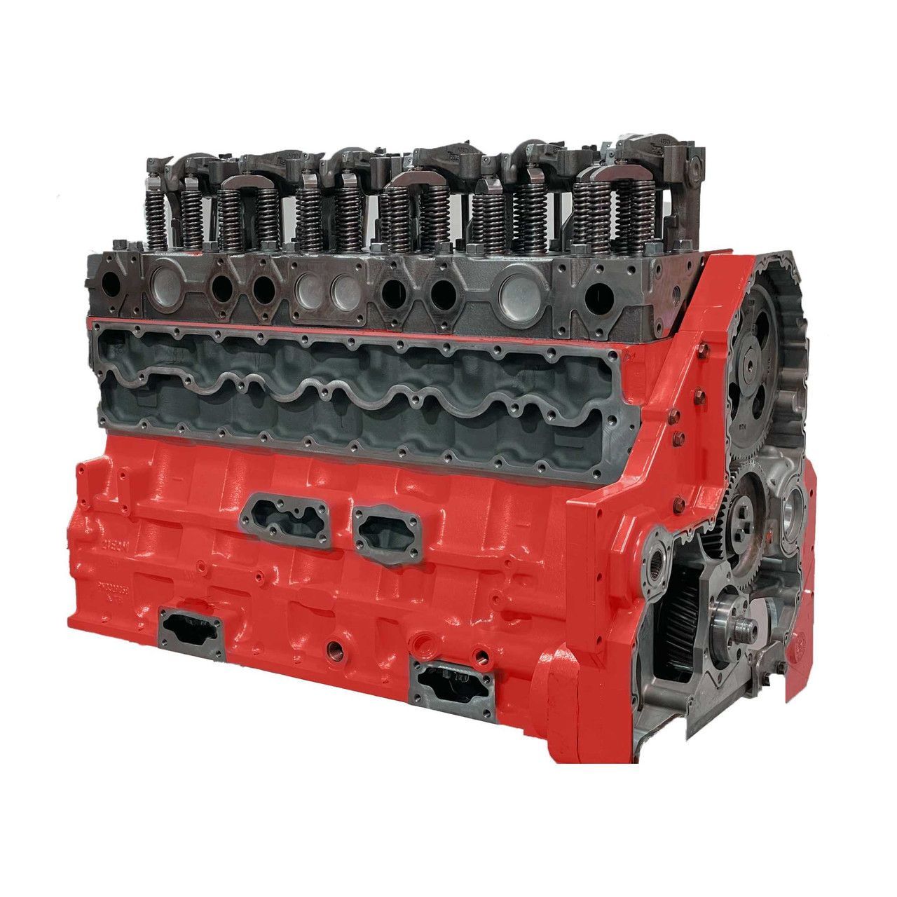Metal engine cylinder head with multiple valve openings and bolt holes on a light background