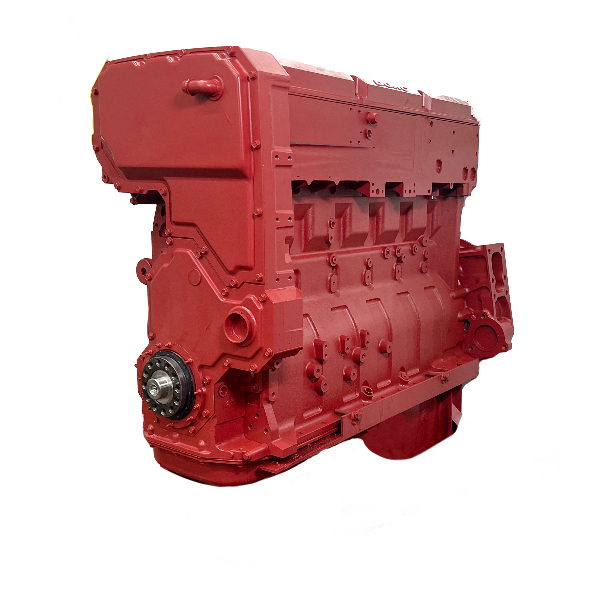 Metal engine cylinder head with multiple valve openings and bolt holes on a light background