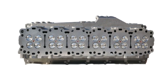 Metal engine cylinder head with multiple valve openings and bolt holes on a light background