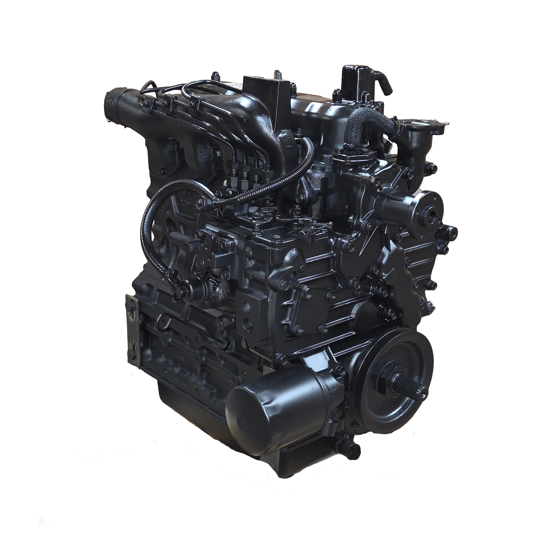 Metal engine cylinder head with multiple valve openings and bolt holes on a light background