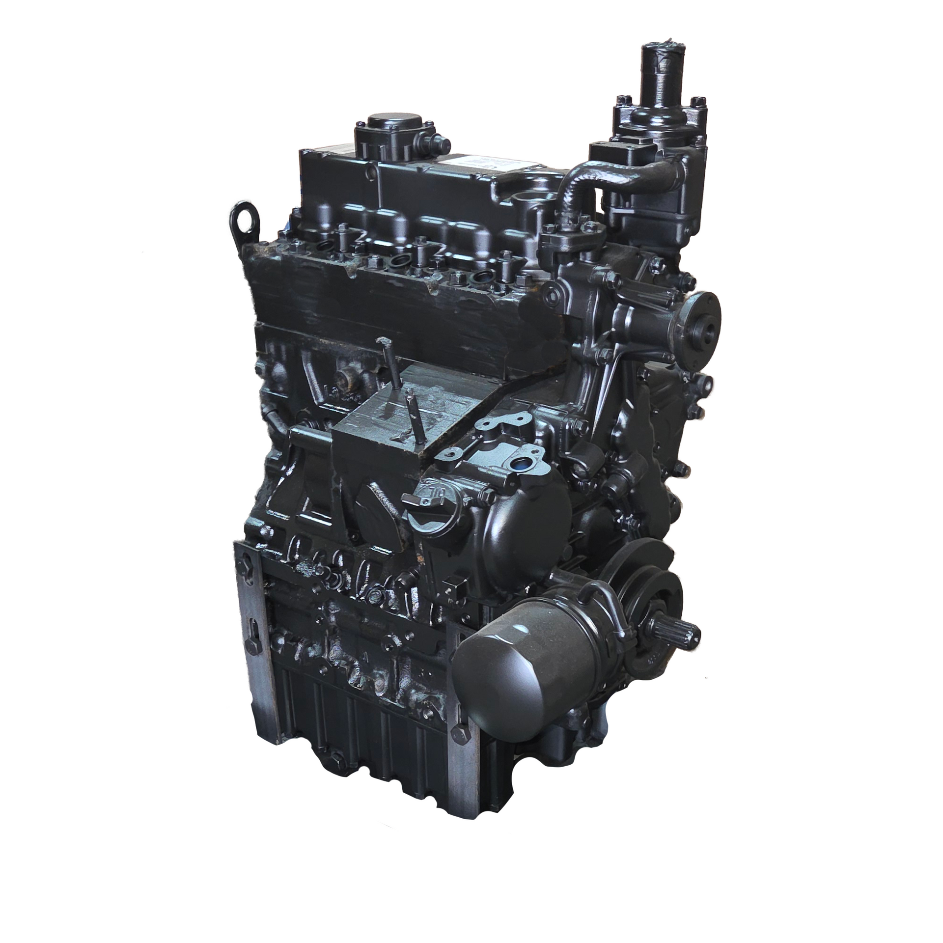 Metal engine cylinder head with multiple valve openings and bolt holes on a light background
