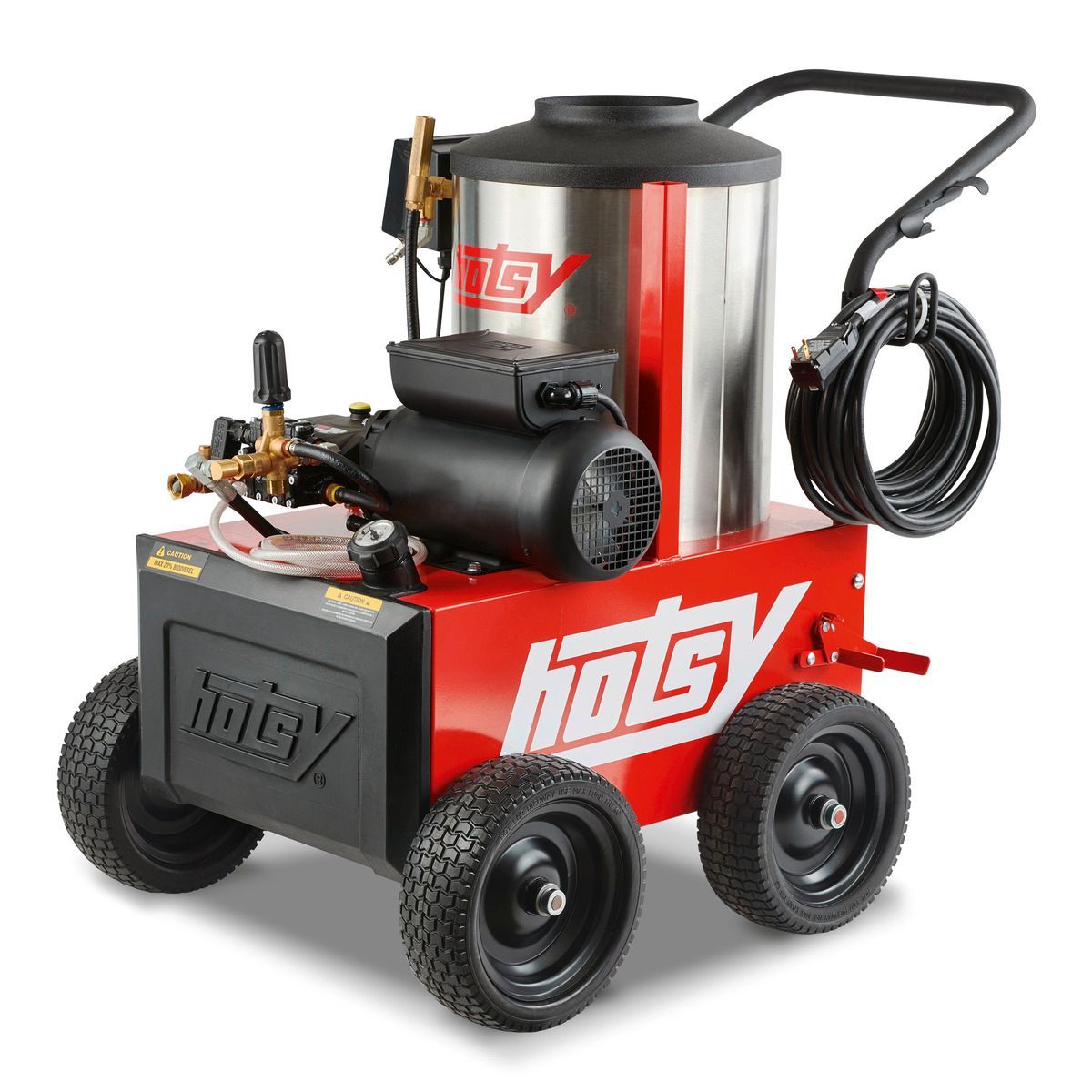 Red mobile pressure washer unit with tank, hose reel, and spray wand on four wheels