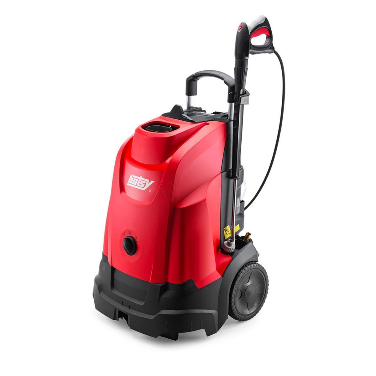 Red commercial pressure washer with hose and wand on white background