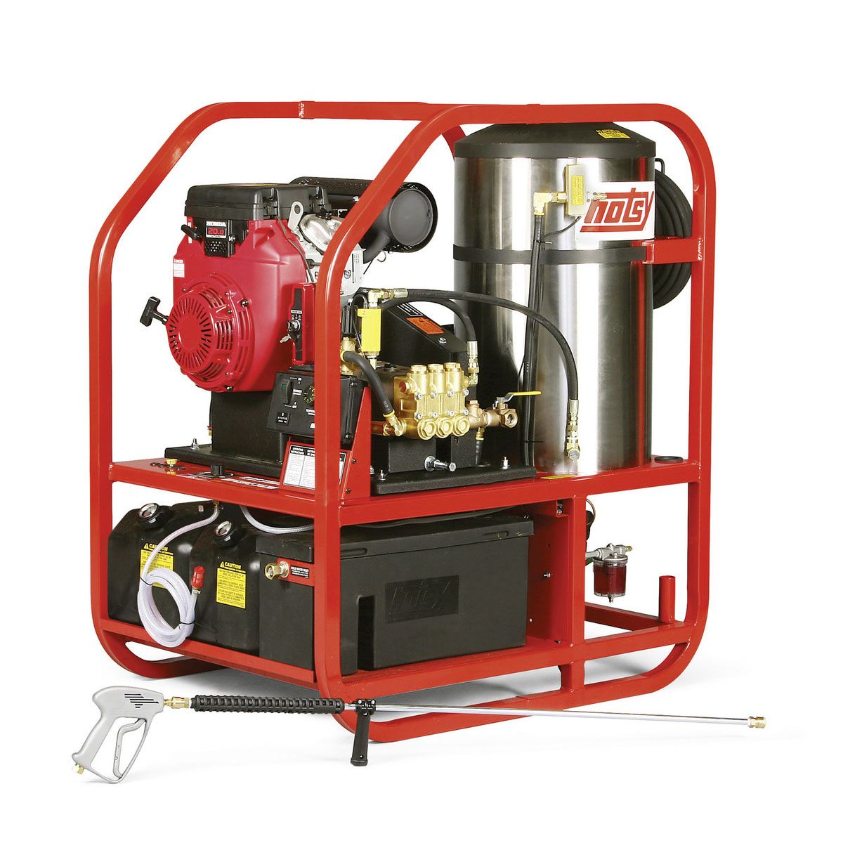 Red portable pressure washer with red frame, black engine, and silver tank on a white background