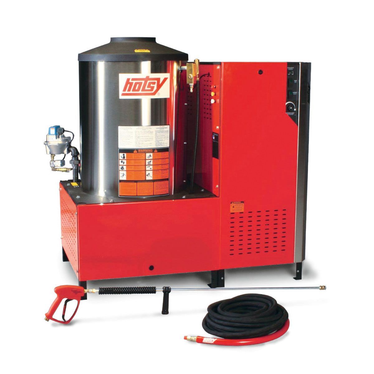 Red industrial hot water pressure washer with hose and spray gun on a white background