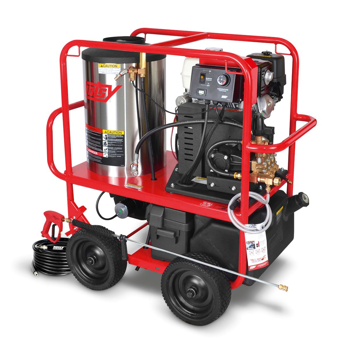 Red portable generator on a wheeled metal frame with black engine and fuel tank, shown against a white background