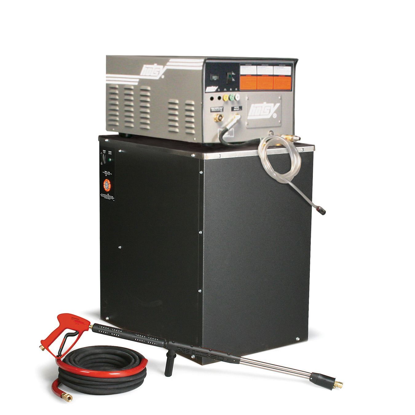 Portable industrial machine on a black cart with hoses and cables attached