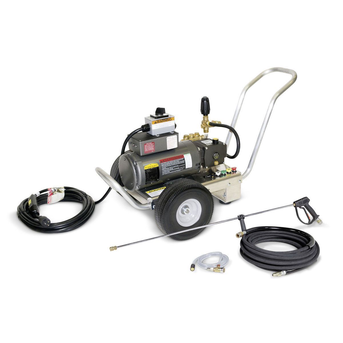Portable air compressor with hose, spray gun, and accessories on a white background