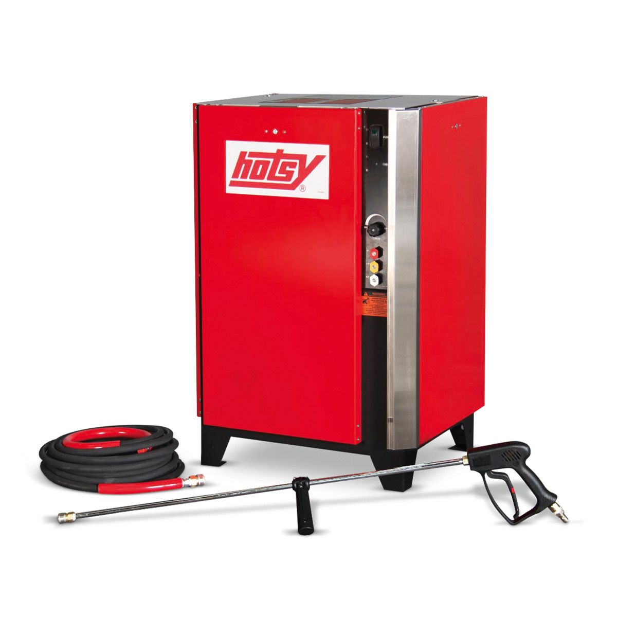 Red pressure washer with coiled hose and spray wand on a white background