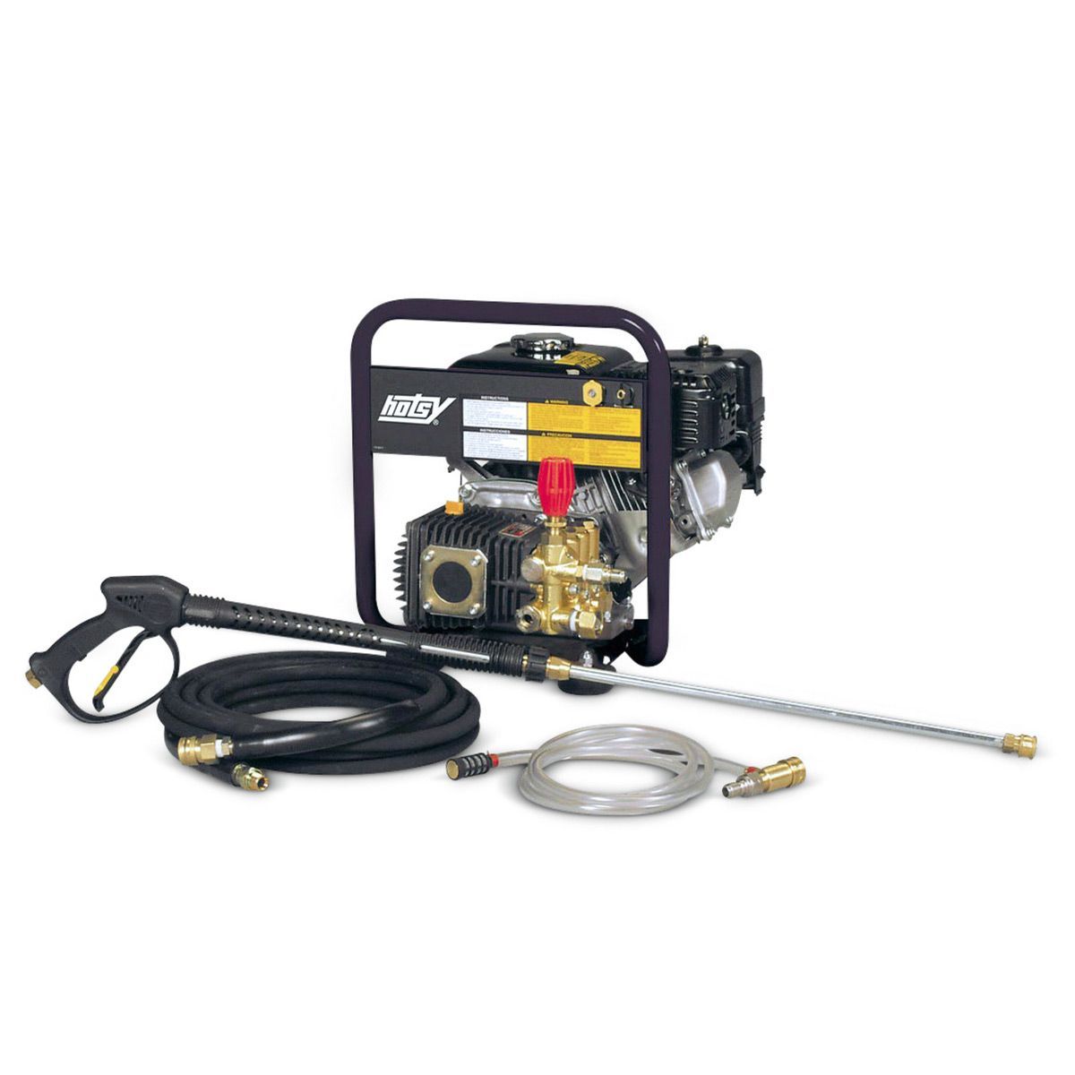 Portable pressure washer with hose, spray wand, and detergent tank on a white background