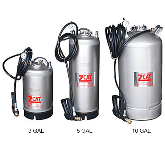 Three silver ZCAT electric water pumps labeled 3, 5, and 10 gallons, with coiled black cords