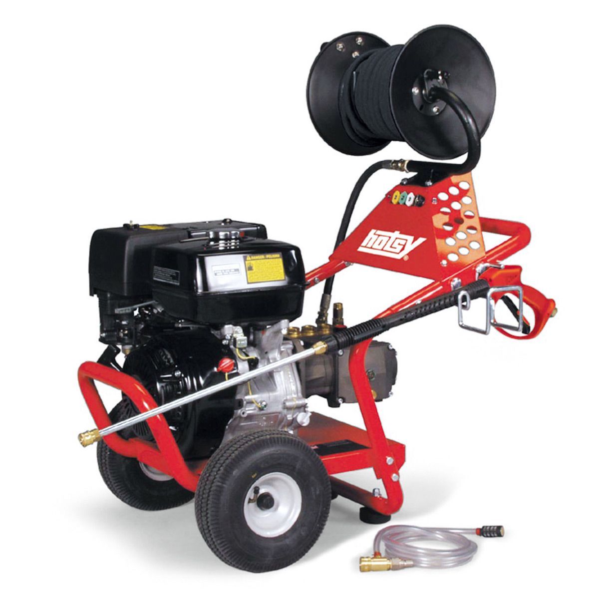 Red pressure washer with hose reel and spray wand, mounted on a wheeled frame