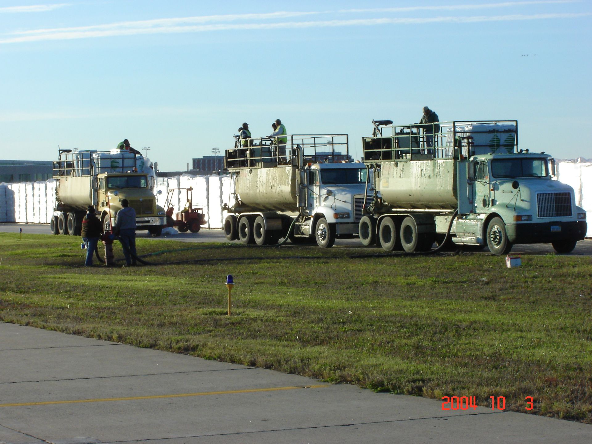 A row of trucks are parked in a grassy field