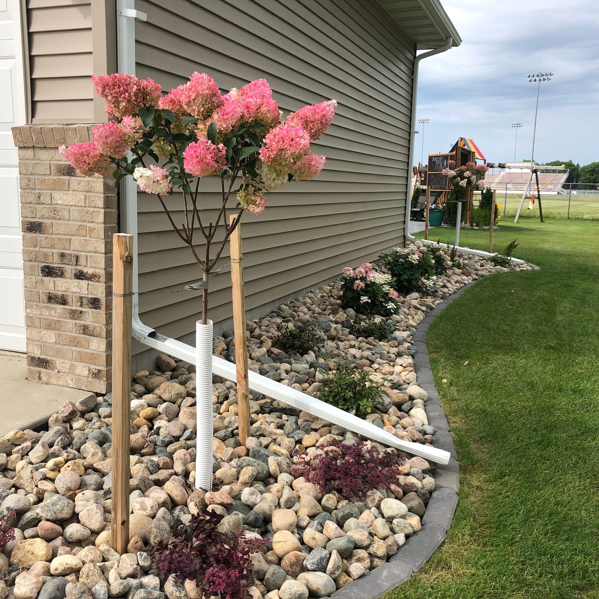 A house with a lot of rocks and flowers in front of it