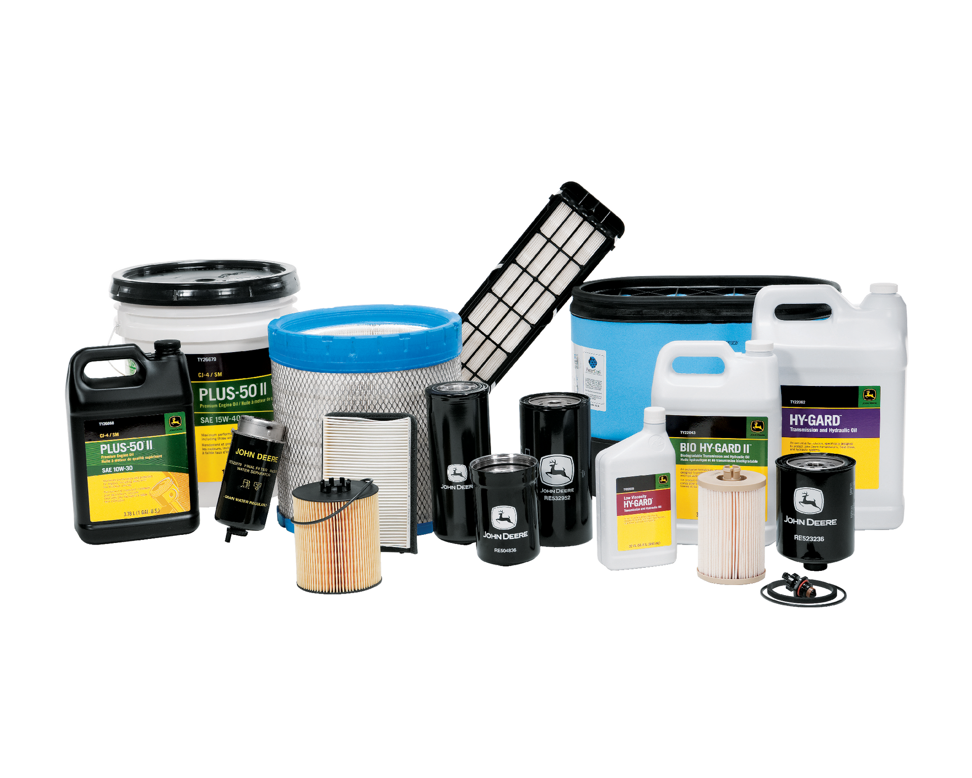 A bunch of different types of filters and bottles on a white background.