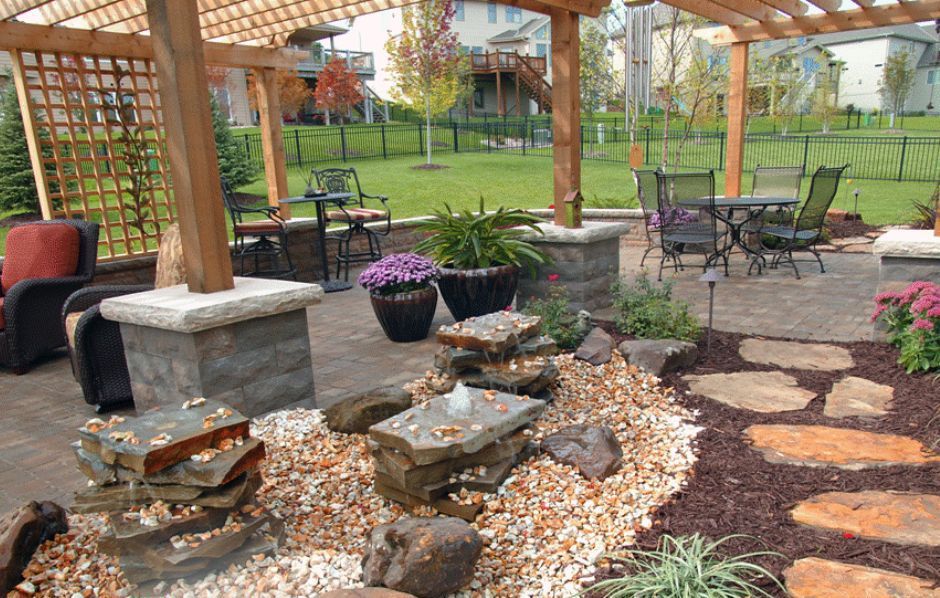 A patio with a pergola , chairs , tables and a waterfall