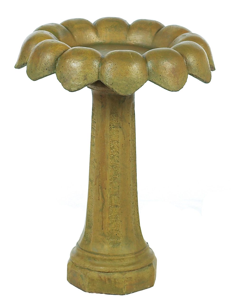 Bird bath with a flower-shaped basin, supported by a pedestal. Greenish-gold color.