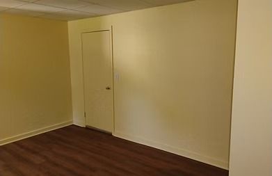 Empty room with wood-look floor, off-white walls, and a closed door.